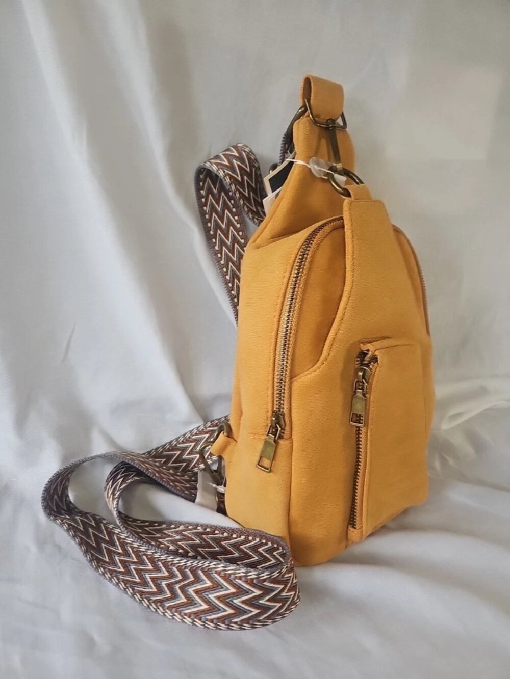 ahdorned Vegan Suede Mustard Yellow Crossbody Sling Bag with Tapestry Strap-NWT - Picture 2 of 5